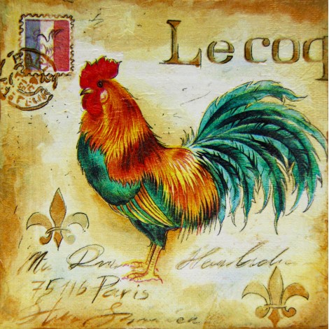 Barvit petelin “Le Coq” – ročno izdelana decoupage slika na lesu, 16×16 cm