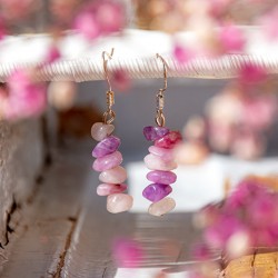 Lepidolite chip bead earrings hanging, pink and purple tones with blurred floral background