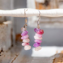 Lepidolite dangling earrings with pink and purple chip beads on metal hooks