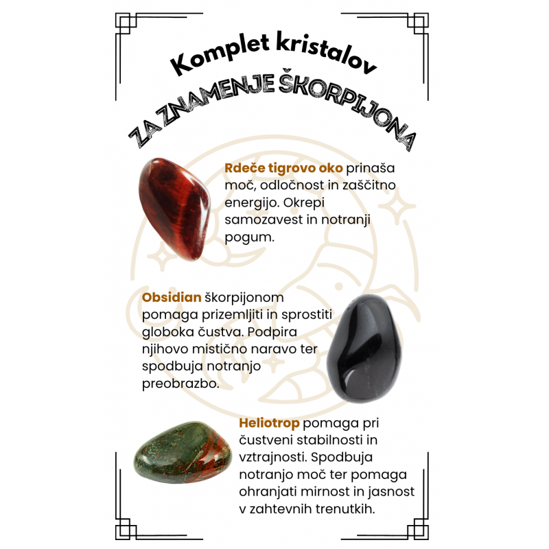 KOMPLET KRISTALOV ZA ZNAMENJE škorpijona, heliotrop, rdeče tigrovo oko, obsidian
