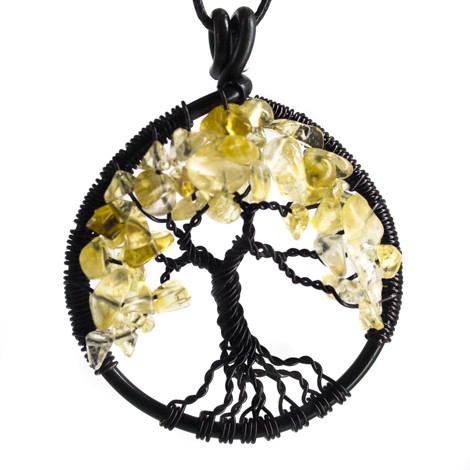 Citrine Tree of Life wire-wrapped pendant necklace on black cord